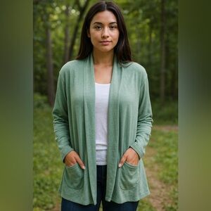 LOGO by Lori Goldstein Open Front Cardigan Swiss Dot Trim Green SZ L